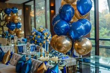 A lively celebration for a birthday adorned with elegant blue and gold helium balloons, infusing the gathering with sophistication and style