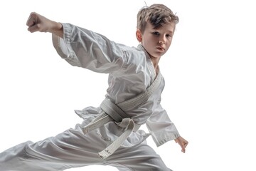 boy karate fighter in action on solid white background