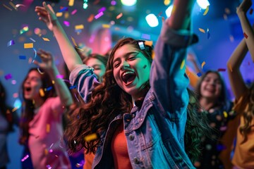 A group of teenagers dancing and singing together at a birthday karaoke party, the room pulsing with energy and happiness