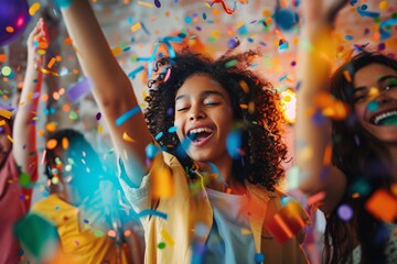 A group of diverse teenagers dancing and celebrating at a birthday party in a brightly decorated room filled with confetti and streamers
