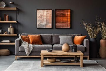 A living room with a grey couch and a coffee table. The couch is covered with orange pillows and a blanket. There are two paintings on the wall, one of which is a large abstract piece