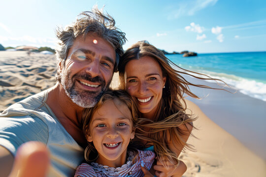 Joyful family capturing memories on the beach with a fun selfie session