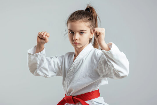 girl karate fighter on solid white background.