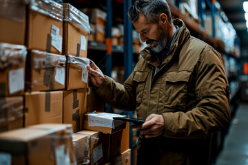 Efficient Middle-Aged Manager Utilizing Tablet for Barcode Scanning and Parcel Preparation in Warehouse Setting