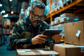 Obraz premium Warehouse Manager Utilizing Tablet for Inventory Management and Shipping Preparations