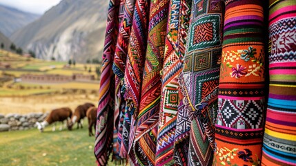 Detailed shot highlighting the intricate patterns and vibrant colors of traditional Peruvian textiles, handwoven with vibrant colors and intricate motifs