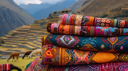 A detailed shot highlighting the intricate patterns and vibrant colors of traditional Peruvian textiles, handwoven with vibrant colors and intricate motifs - obrazy, fototapety, plakaty