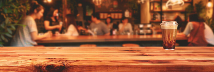 Empty wood table top with blurred background of people sitting in a coffee shop, fast food restaurant or pub for product display montage. Concept for advertising design, layout presentation.banner - obrazy, fototapety, plakaty