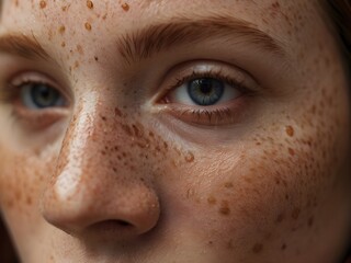 Woman's face, captured in close-up, shows her unique freckles that adorn both her skin and her eyes. Generative AI
