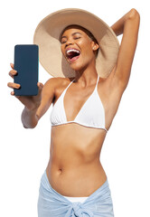 Summer beach holiday a woman showing screen of mobile phone she's wearing a bikini and sun hat, isolated on a white background. Concept for online shopping or sea vacation travel resort bookings - obrazy, fototapety, plakaty