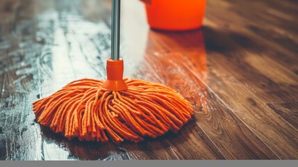 Mop delicately positioned on laminate floor with a bucket of water in the distant background - obrazy, fototapety, plakaty