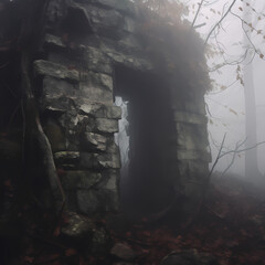 A mysterious doorway in a dense fog. 