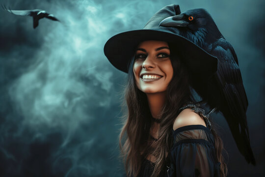 A pretty young witch with crow on her shoulder