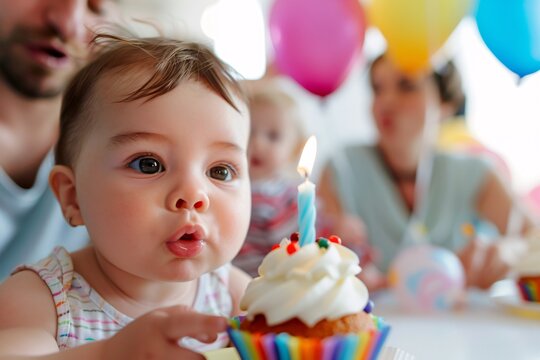 A detailed shot focusing on the chubby cheeks and twinkling eyes of a baby girl as they blow out the candle on their first birthday cupcake