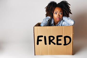 A dejected black woman in a cardboard box filled with personal belongings, labeled "FIRED" in bold black marker