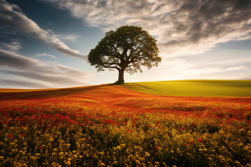A large tree stands in a field of yellow and red flowers. The sky is cloudy and the sun is setting