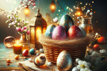 Beautifully colored Easter eggs in a basket on a wooden table. A beam of light illuminates the scene. generated ai
