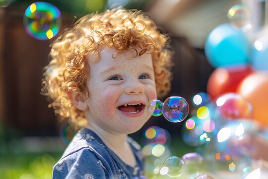 Cute toddler, turning 3 today, with curly red hair and a mischievous grin, blowing bubbles and playing with a pile of brightly colored balloons
