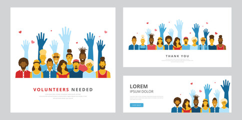 Helpful community concepts featuring cheerful people with raised hands. Perfect for any poster, banner, header or social media post designed for volunteer day, week, month or any other charity program