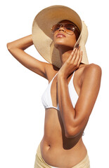 Fashion girl wearing a sun hat, sunglasses and bikini, African latin American woman isolated on white background. Concept of a seaside holiday or shopping for a summer beach holiday - obrazy, fototapety, plakaty