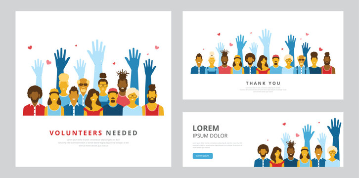 Helpful community concepts featuring cheerful people with raised hands. Perfect for any poster, banner, header or social media post designed for volunteer day, week, month or any other charity program