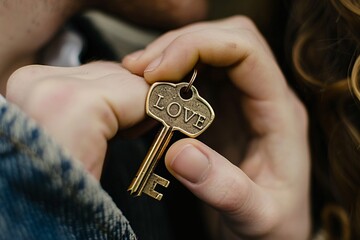 A close-up of a couple's intertwined fingers holding a delicate golden key, symbolizing their love and commitment, with "LOVE" etched onto the key's handle