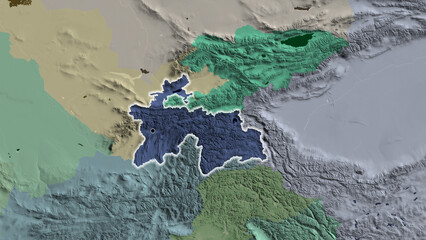 Shape of Tajikistan. Glowed. Administrative.