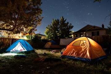 Teenagers set up tents in the backyard for a night of stargazing