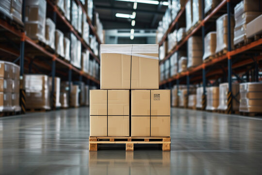 Concept of delivery with boxes on pallet in warehouse