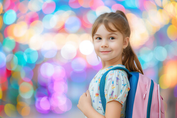cute girl ready to back to school on class bokeh background