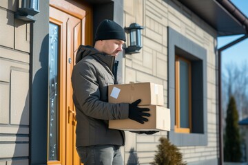 Fototapeta premium Delivery of parcels by courier. The packages are at the door of the house