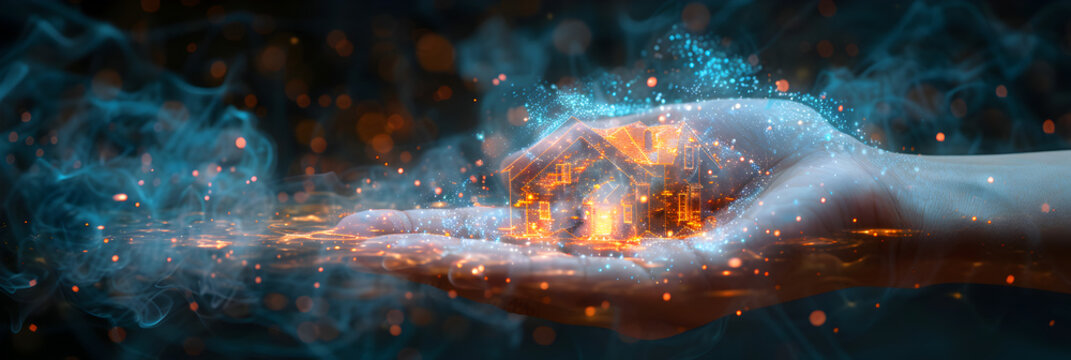 Hologram of a House with a Hand New Home Business,
Hands of man and woman in fire and smoke on dark background 