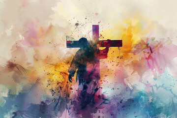 Jesus Christ Carrying the Cross colourful watercolor