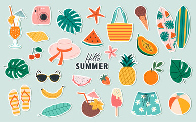 Set of summer beach stickers. Tropical elements