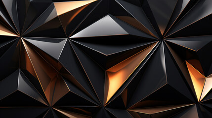 A black and gold abstract design with triangles and squares. The design is made up of many different shapes and angles, creating a sense of depth and complexity. The gold accents add a touch of warmth