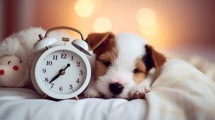 A dog is sleeping on a bed next to a white clock. The clock shows that it is almost time for the dog to wake up - obrazy, fototapety, plakaty