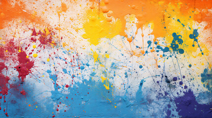 Fototapeta premium A colorful painting with splatters of paint on it. The colors are bright and vibrant, creating a lively and energetic mood. The painting seems to be a representation of creativity and freedom