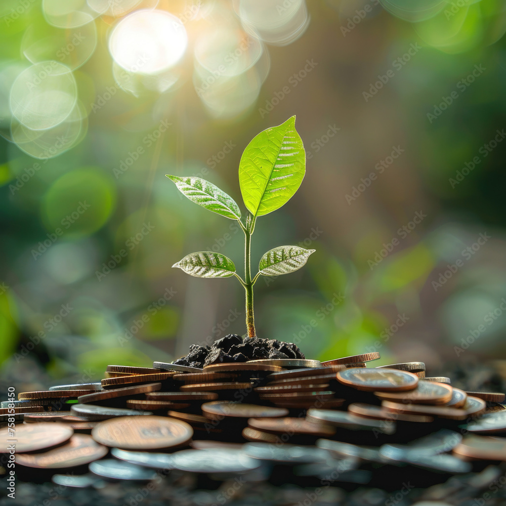 Poster a small plant is growing on top of a pile of coins. the coins are arranged in a way that they are sl