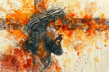 Jesus Christ Carrying the Cross orange watercolor