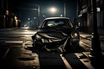 A night scene showing a car with its front end crumpled against a light pole, the headlights still on, casting eerie shadows on the road.