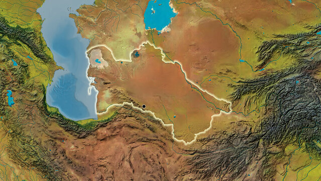 Shape of Turkmenistan. Glowed. Topographic.