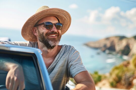 Beaming man starting a vacation road trip, with a picturesque coastal landscape in the background, promising relaxation and adventure ahead