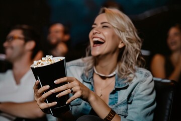 A woman enjoying popcorn at the theater, a wide grin on their face as they watch a comedy unfold on screen
