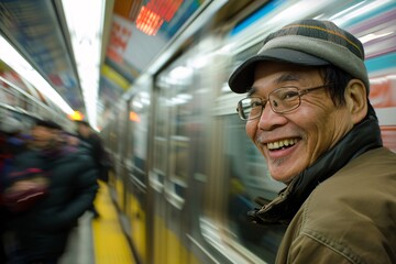 An exuberant asian man boarding the subway train, the fluorescent lights of the subway car and the blur of passing stations create a sense of movement and anticipation