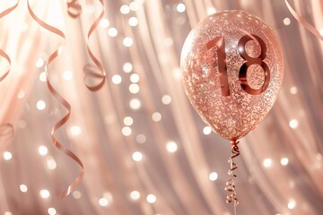An extravagant birthday balloon in opulent rose gold, showcasing the number "18" in sparkling glitter, set against a backdrop of cascading ribbons