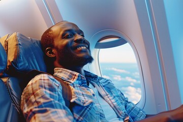 Black man with a satisfied smile, settling into his seat onboard the airplane, stowing his carry-on luggage in the overhead compartment and fastening his seatbelt - obrazy, fototapety, plakaty
