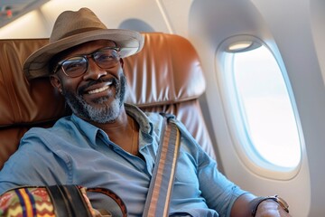 Black man with a satisfied smile, settling into his seat onboard the airplane, stowing his carry-on luggage in the overhead compartment and fastening his seatbelt