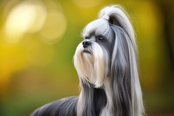 silky dog with long gray and white straightened hair styled on top of head in bunch
