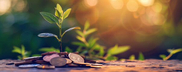 A small plant is growing on top of a pile of coins. The coins are of different sizes and colors, and the plant is surrounded by them. Concept of growth and prosperity, as the plant represents new life - obrazy, fototapety, plakaty