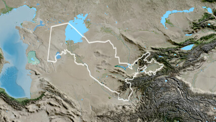 Shape of Uzbekistan. Glowed. Satellite.